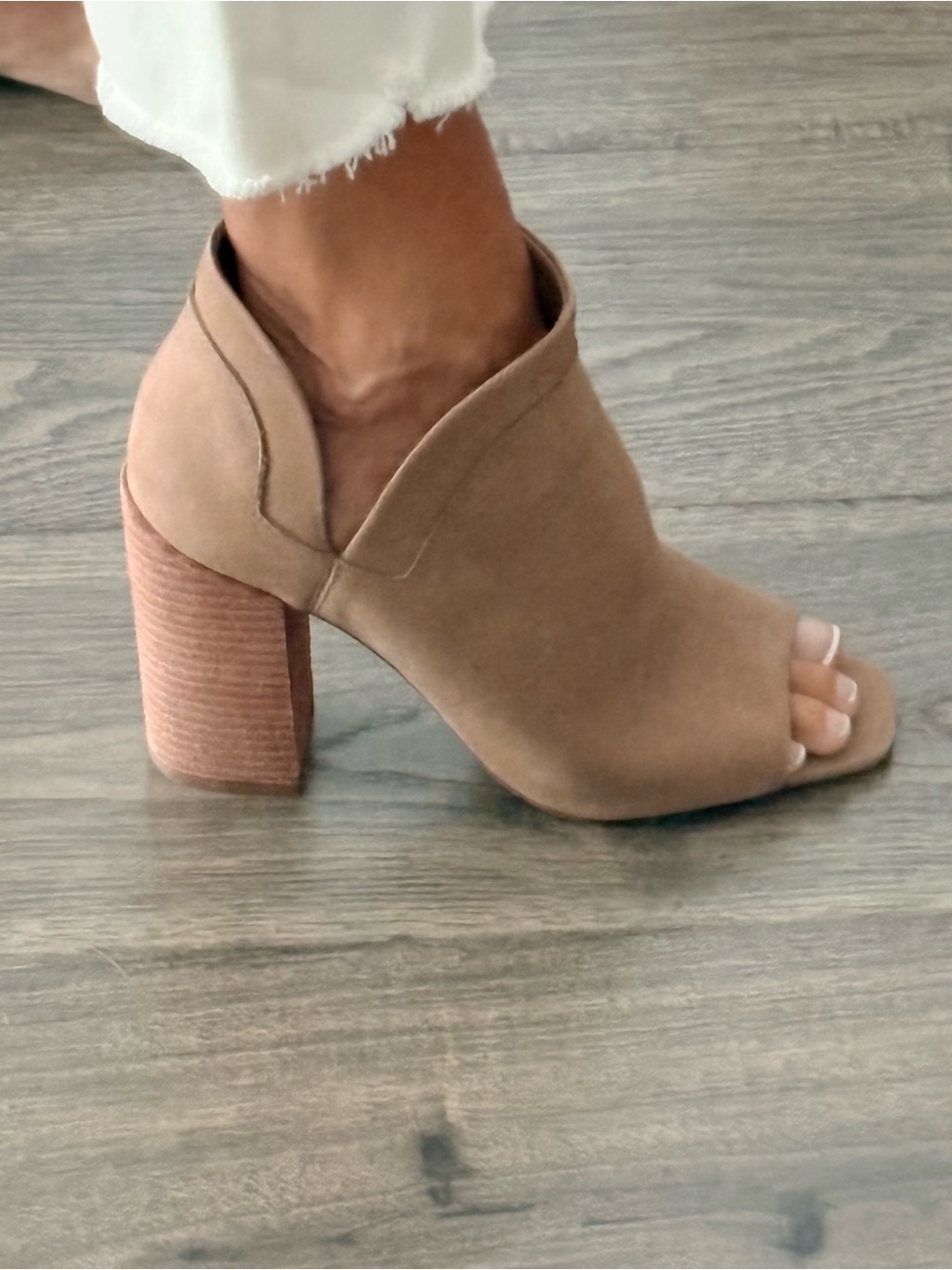 Vince Camuto Taupe Suede Open-Toe Stacked Heel Booties
